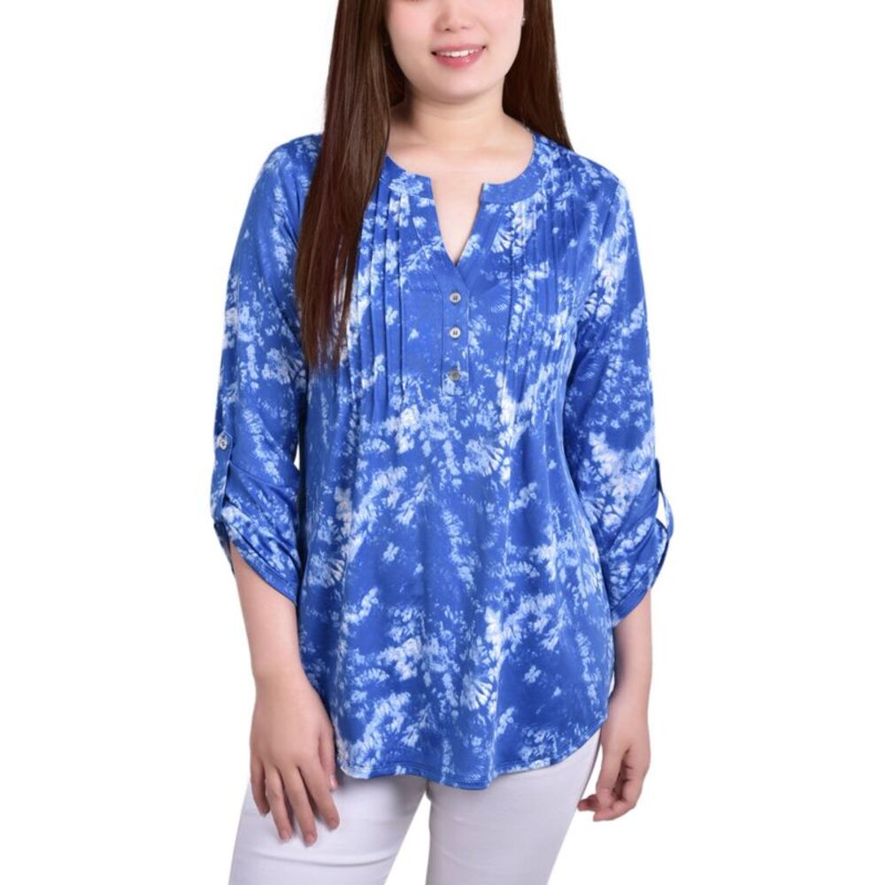 NY Collection Petite Knit Jacquard 3/4 Sleeve Roll Tab Top